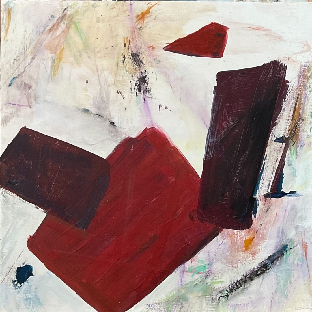 A painting of red and white shapes on paper.