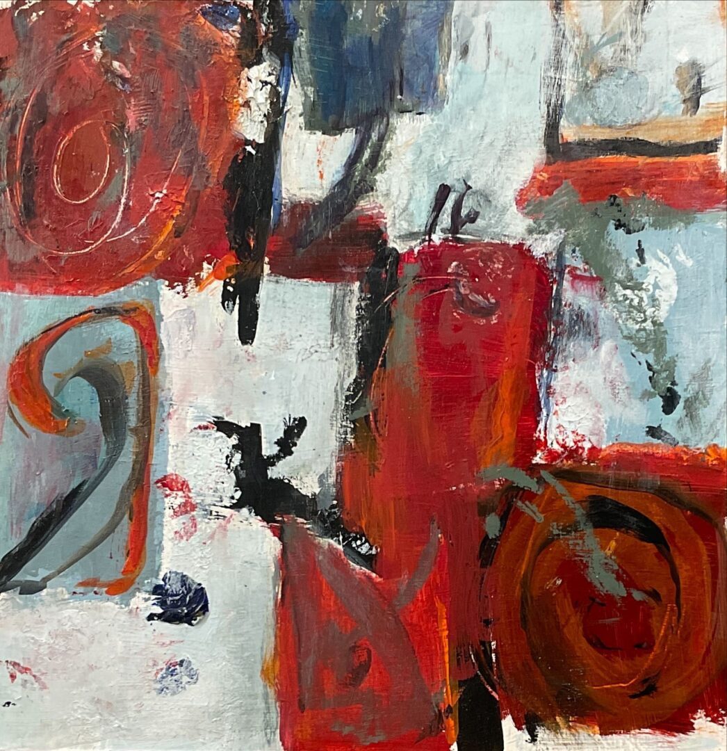 A painting of red and white abstract shapes