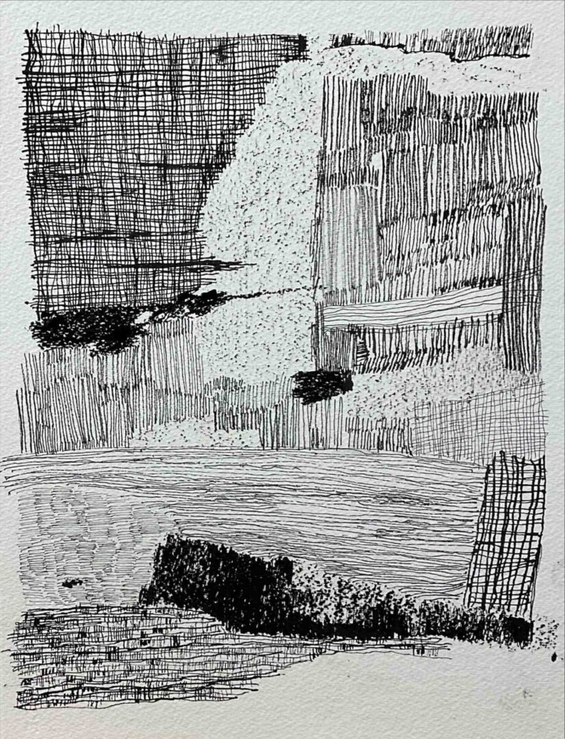 A black and white drawing of a river